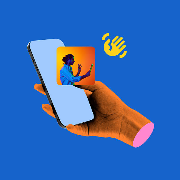 istock Contemporary art collage. Hand holding smartphone with person in video call, dynamic elements floating, representing virtual communication 2204488241