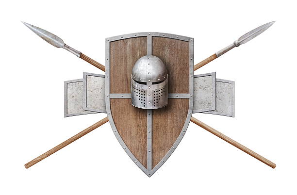 knight's helmet wooden shield and two spears isolated on white