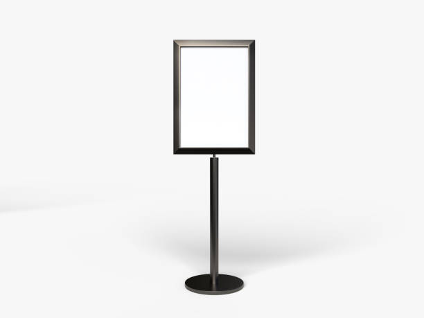 istock 3D standing display mockup with metal base. Blank template vertical info placard sign holder stand for presentation poster, information, promotion, banner, ads, restaurant, products or exhibition 2204497854