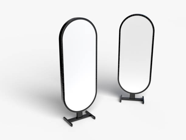 istock 3D standing display mockup with metal base. Blank template vertical info placard sign holder stand for presentation poster, information, promotion, banner, ads, restaurant, products or exhibition 2204497855