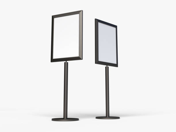 istock 3D standing display mockup with metal base. Blank template vertical info placard sign holder stand for presentation poster, information, promotion, banner, ads, restaurant, products or exhibition 2204497858