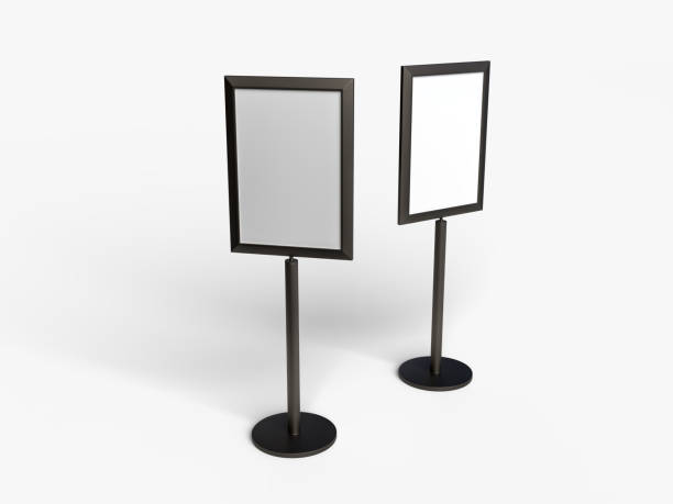 istock 3D standing display mockup with metal base. Blank template vertical info placard sign holder stand for presentation poster, information, promotion, banner, ads, restaurant, products or exhibition 2204497865