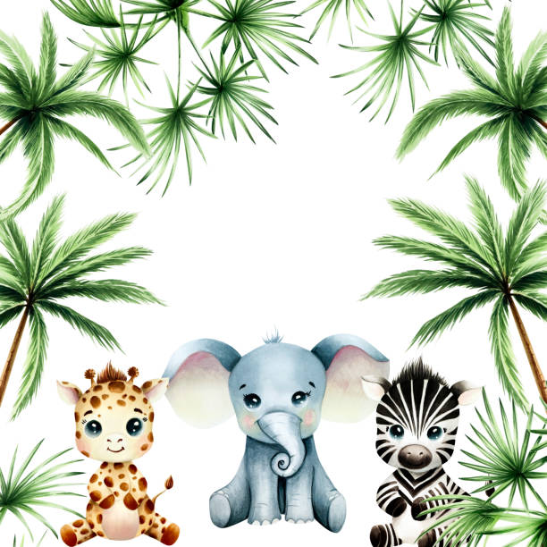 istock Frame with cute baby african animals green palm trees. Giraffes, zebras and elephants. Watercolor hand drawn safari illustrations isolated on background. For designers, postcards, greetings, birthday, calendar, wallpapers, wrapping paper 2204497887