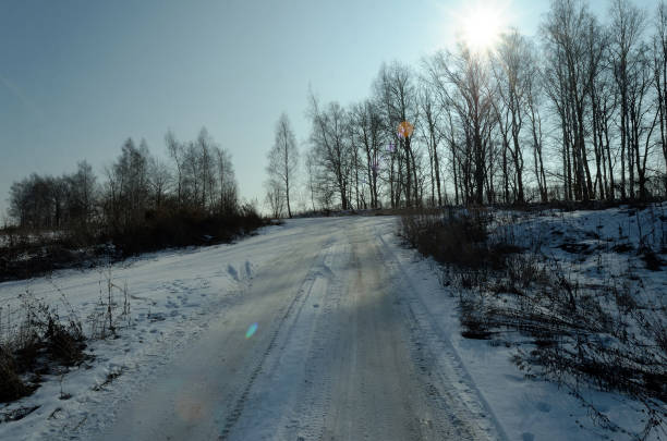 Sunlight beams over a snowy road, framed by trees, creating a tranquil winter atmosphere with a clear blue sky and bright reflections enhancing the beauty of nature