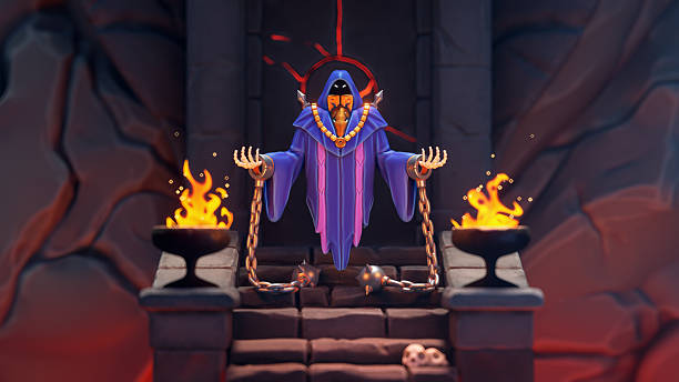 Necromancer prisoner floating in the air, bony skeletal hands in chain shackles, hooded blue pink robe, gold necklace. Gate to dungeon, burning yellow-red torches on stairs. Minimal stylized 3d render