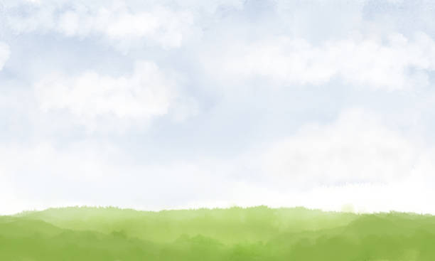 istock Summer rural landscape with flat land under blue sky and white clouds. Horizontal seamless border. Watercolor digital illustration. Green grass field with blue sky and fluffy clouds 2204511153