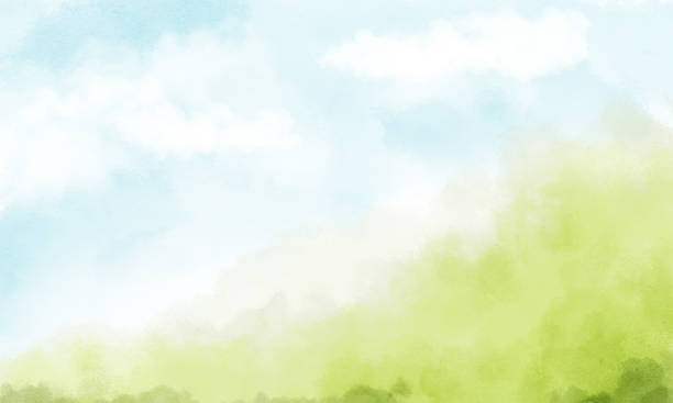 letní venkovská krajina s kopci pod modrou oblohou a bílými mraky. akvarelové digitální ilustrace. pohled na zelenou trávu na horském svahu s modrou oblohou a nadýchanými mraky - jaro stock ilustrace