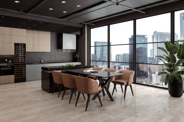 Contemporary Open-Concept Kitchen and Dining Room with Large Windows