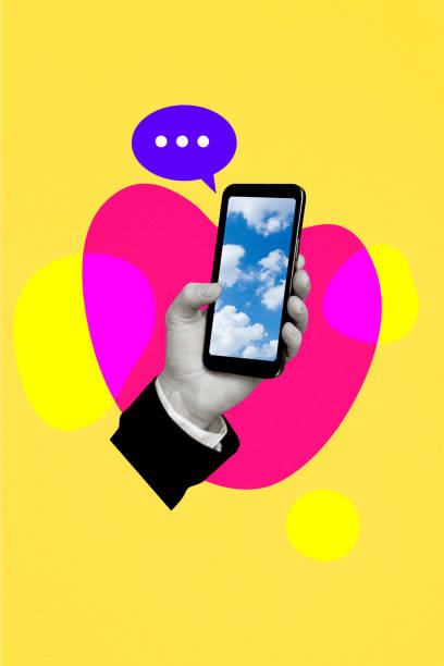 istock Composite trend artwork sketch photo collage of hand hold smartphone display sky cloud type write sms message bubble cloud speech textbox 2204513092