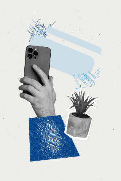istock Composite trend artwork sketch collage of speech bubble textbox mind cloud message hand hold smartphone camera make shoot office flower 2204513261