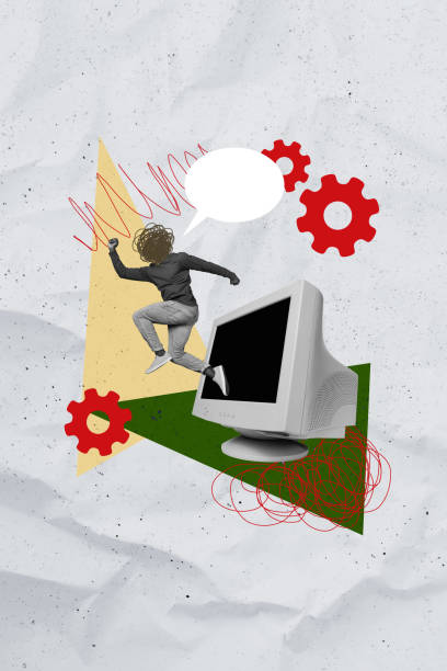 istock 3D photo collage composite artwork sketch image of silhouette headless man jump old computer monitor cogwheel dialog textbox cloud bubble 2204513265