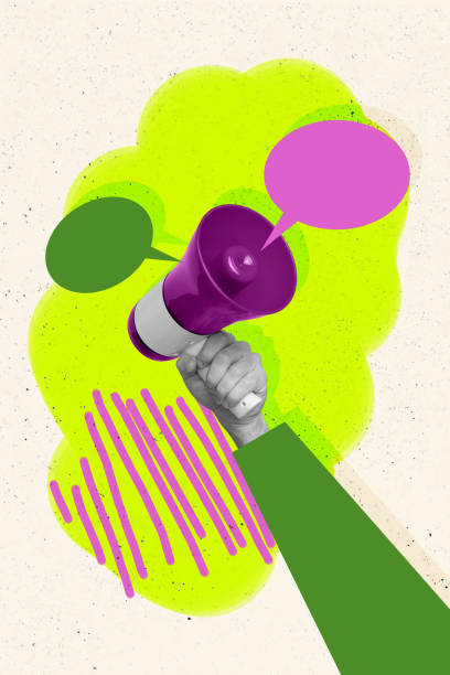 istock Composite trend artwork sketch image 3D photo collage of had hold huge loudspeaker speech bubble textbox mind cloud message social media 2204513270
