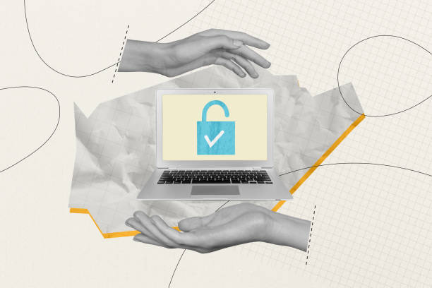 Composite photo collage of hand show unlock macbook device hacker cyberattack spyware decode soft success isolated on painted background