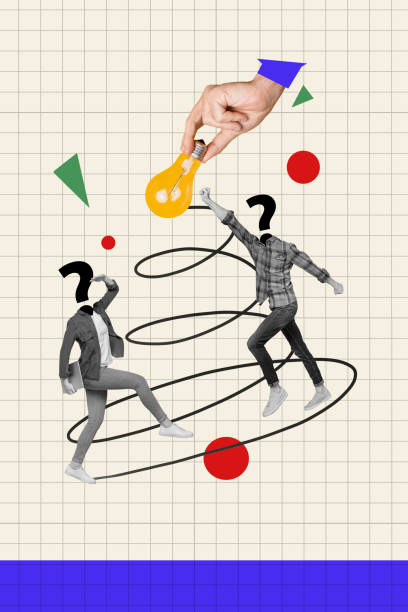 istock Collage image artwork poster of two people solving question team work isolated on drawing background 2204514929
