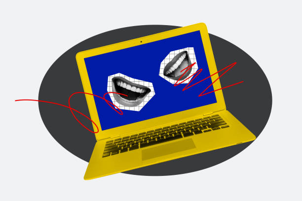 Creative collage image laptop computer mouth caricature psychedelic concept face fragments smile teeth social media network