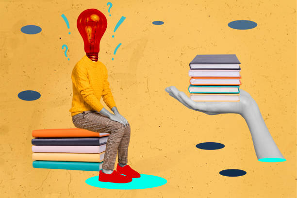 istock Sketch image trend artwork photo collage of book pile stack library education student young headless man lamp idea instead sit alert alarm 2204515088