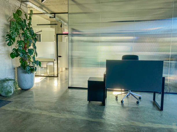 istock Image of a modern office with natural light, glass partition, large empty desk, potential personal items, potted plant, and overall cleanliness 2204516686