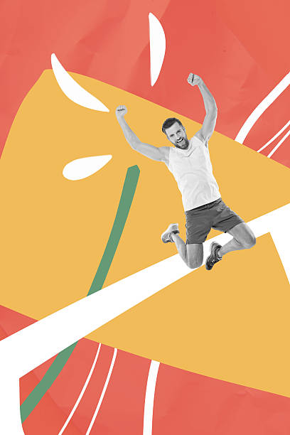 istock Trend artwork sketch image composite 3D photo collage of dynamic sport activity exercise effort power practice young man victory jump up 2204516862