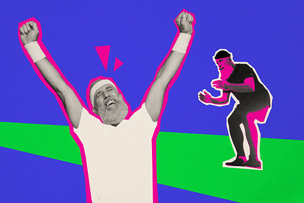 istock Composite trend artwork sketch image 3D photo collage of sport effort exercise dynamic silhouette aged man play game winner medal victory do exercise 2204517677