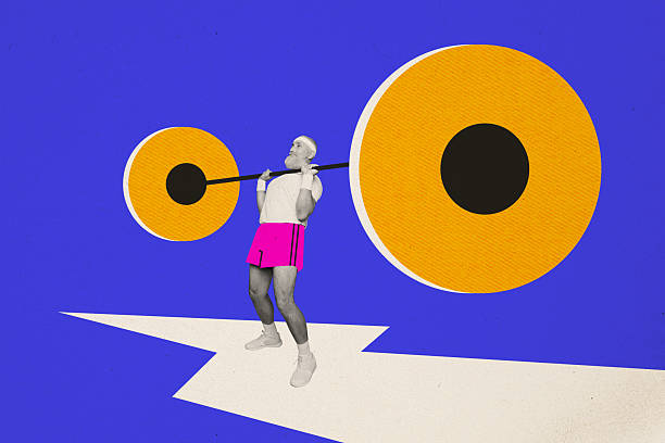 Composite trend artwork sketch image 3D photo collage of sport effort exercise dynamic silhouette aged man lift dumbbell strong power.