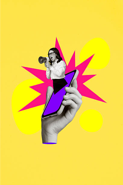 istock Trend artwork composite sketch image collage of silhouette hand hold smartphone young lady appear talk loudspeaker proclaim leader boss 2204518587