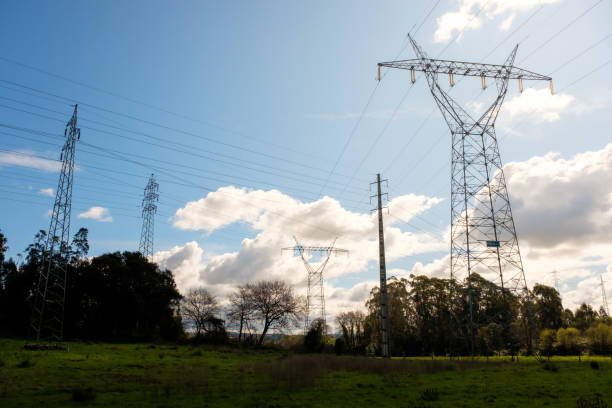 istock Electricity pylons towering over green meadow under partly cloudy sky 2204519701
