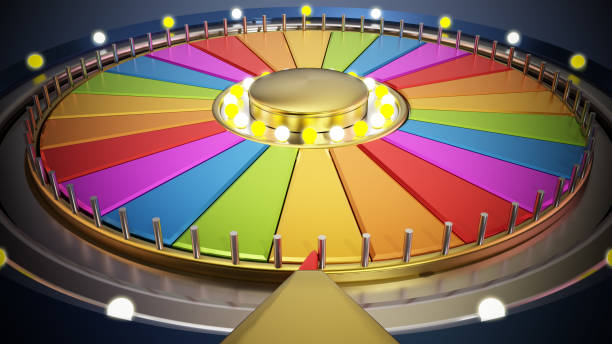 A vibrant prize wheel is prominently displayed, showcasing colorful segments with various achievements. 3D illustration.