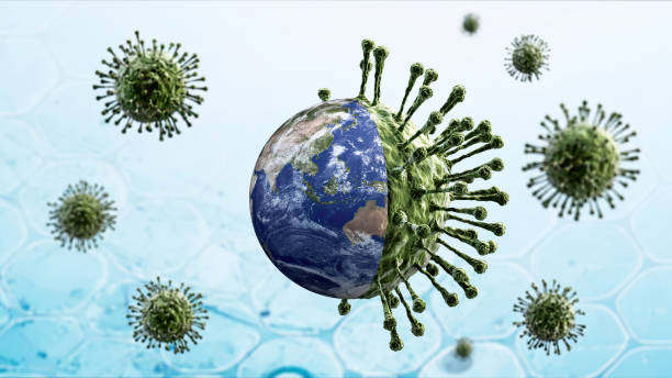 istock Visualization of the earth divided by viruses representing global health challenges and environmental impact. 3D illustration 2204520513