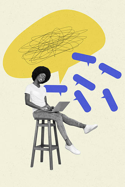 istock Sketch image composite trend artwork photo collage of textbox mind bubble cloud speech banner woman sit chair laptop type online chat 2204520572