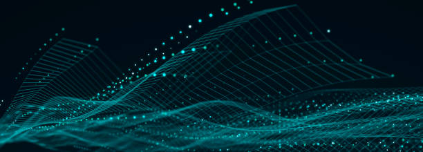 istock Abstract flow of luminous particles on dark background. Movement of colored dots. Big data. 3D rendering. Widescreen 2204520634