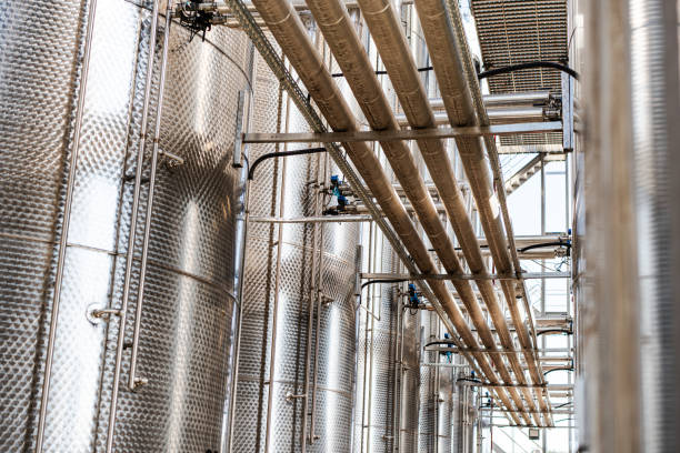 Close up shot of metal pipes in a factory.