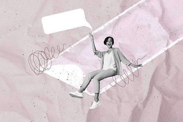 istock Composite trend artwork sketch photo collage of speech bubble textbox mind cloud message young woman sit smile happy conversation dialog 2204521304