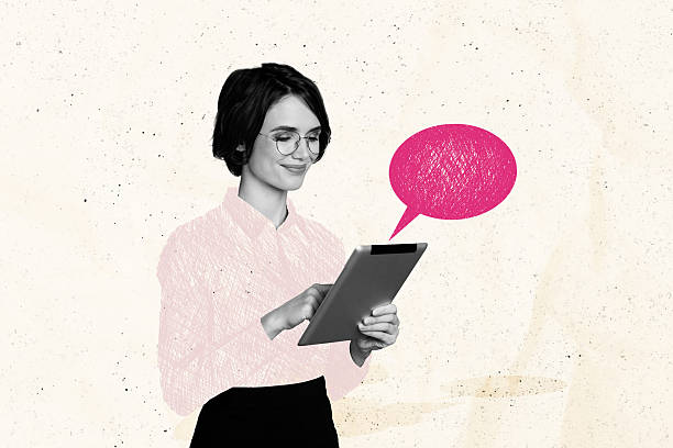 istock Trend artwork sketch image photo collage of speech bubble textbox mind cloud black white young lady hand hold epad chat text type 2204521317