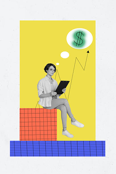 istock Trend artwork composite 3D photo collage of workspace young lady worker sit platform analyze stats graphics hold tablet earn money dollar 2204521351