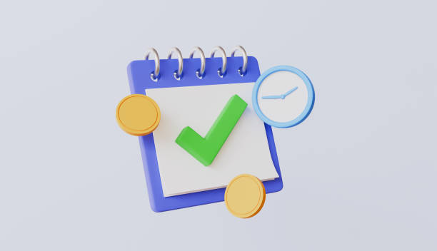 istock Notebook style calendar with check mark and clock with gold coins, budget planning and managing financial transactions concept 2204521702