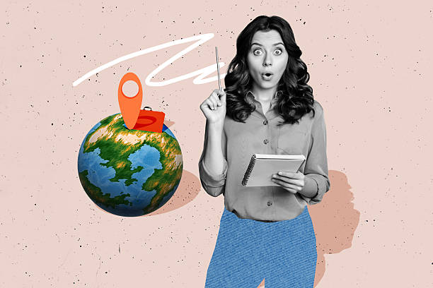 istock Photo collage picture young beautiful woman idea think find solution eureka amazed planet earth travel agency destination tourism vacation 2204521806