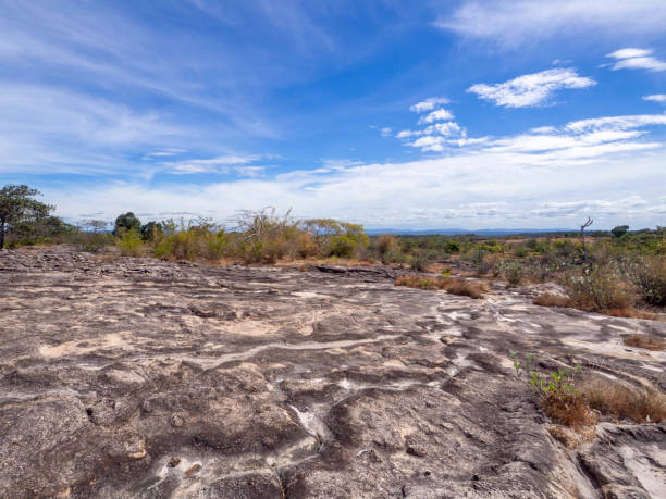 The beautiful rock floor and blue sky.
