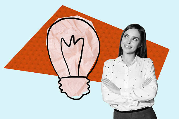 istock Creative image collage picture young cheerful woman lightbulb genius task solution find answer plan think electric lamp 2204522583