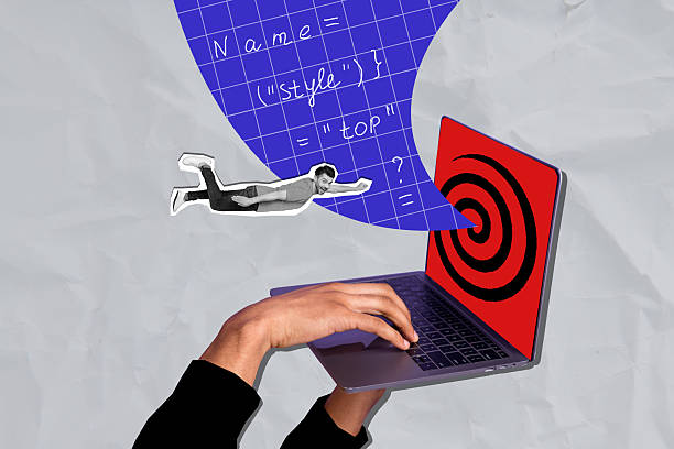 istock Composite trend artwork sketch image photo collage of huge laptop device display workspace project young man fly maths code formula 2204524165