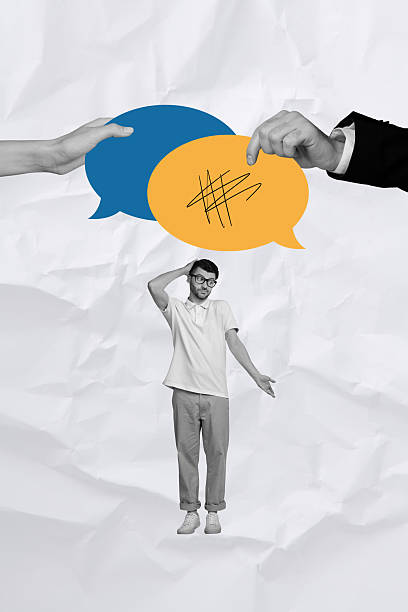 istock Vertical composite collage picture of mini minded guy big arms hold dialogue bubble isolated on creative background 2204524238