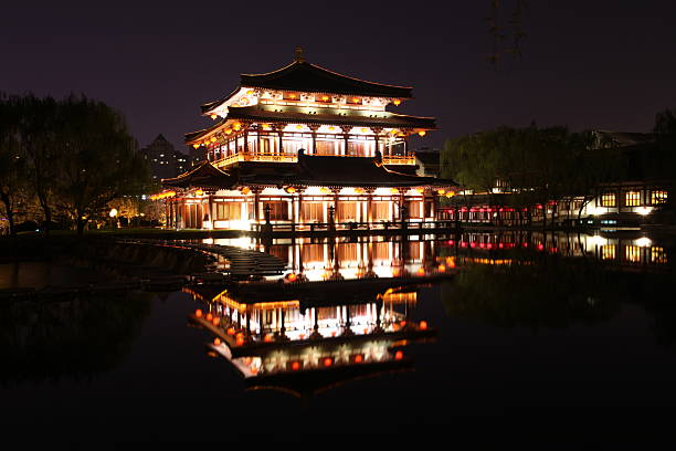 High angle night view of the Big Wild Goose Pagoda and the Tang Dynasty Night City in Xi'an, Shaanxi Province, China