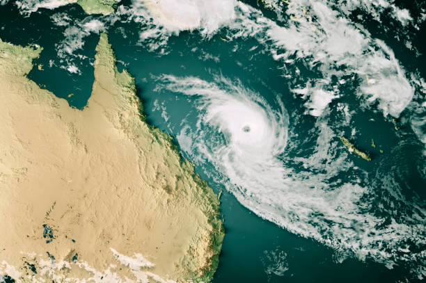 3D Render of a Topographic Map of the Coral Sea with the clouds from February 28, 2025. Category 4 severe Tropical Cyclone Alfred east of Australia.All source data is in the public domain.Cloud texture: Global Imagery Browse Services (GIBS) courtesy of NASA, VIIRS data courtesy of NOAA.https://www.earthdata.nasa.gov/eosdis/science-system-description/eosdis-components/gibsColor texture: Made with Natural Earth.http://www.naturalearthdata.com/downloads/10m-raster-data/10m-cross-blend-hypso/Relief texture: GMTED 2010 data courtesy of USGS. URL of source image:https://topotools.cr.usgs.gov/gmted_viewer/viewer.htmWater texture: SRTM Water Body SWDB: https://dds.cr.usgs.gov/srtm/version2_1/SWBD/