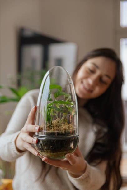 istock Young Woman Admiring a Small Terrarium in a Cozy Indoor Setting 2204526648