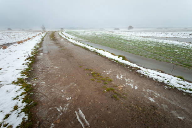 istock Dirt road and melting snow in rural fields 2204530009