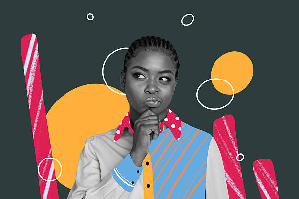 istock Creative collage image young dreamy thoughtful girl decide unsure guess questioned minded face expression drawing background 2204530988