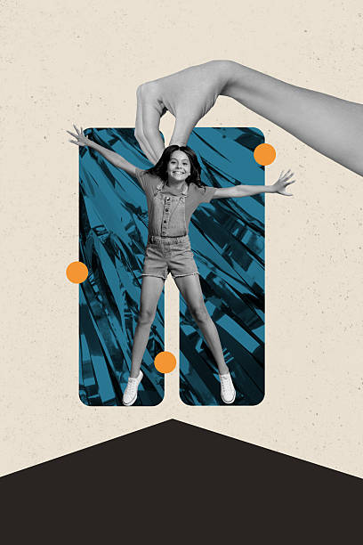 istock Vertical collage picture young cheerful smiling kid human hand pick take marionette control puppey drawing background surreal 2204532223