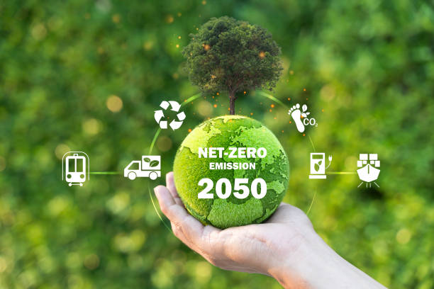 istock Net Zero Emissions by 2050. Businessman hands and finger touch earth sphere hologram, empty copy space. 2204533360