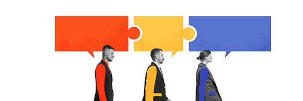 istock Contemporary art collage. Professionals walking with interconnected speech bubbles, symbolizing structured dialogue, collaboration, idea exchange. 2204536407