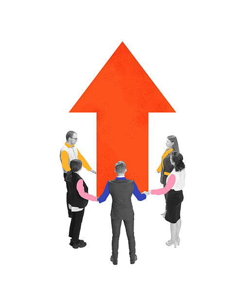 istock Contemporary art collage. Group holding hands around giant arrow, symbolizing unity, shared vision, mutual support. 2204536470
