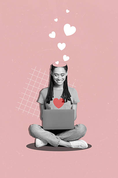 istock Collage image artwork of happy charming nice woman sitting chatting typing isolated on drawing background 2204537680